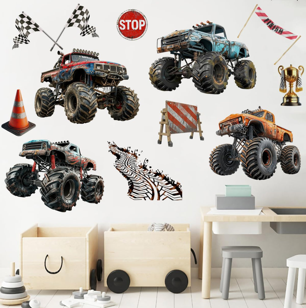 Runtoo monster truck wall decal set: four trucks for exciting playroom decor.