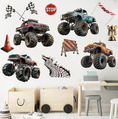 Runtoo monster truck wall decal set: four trucks for exciting playroom decor.