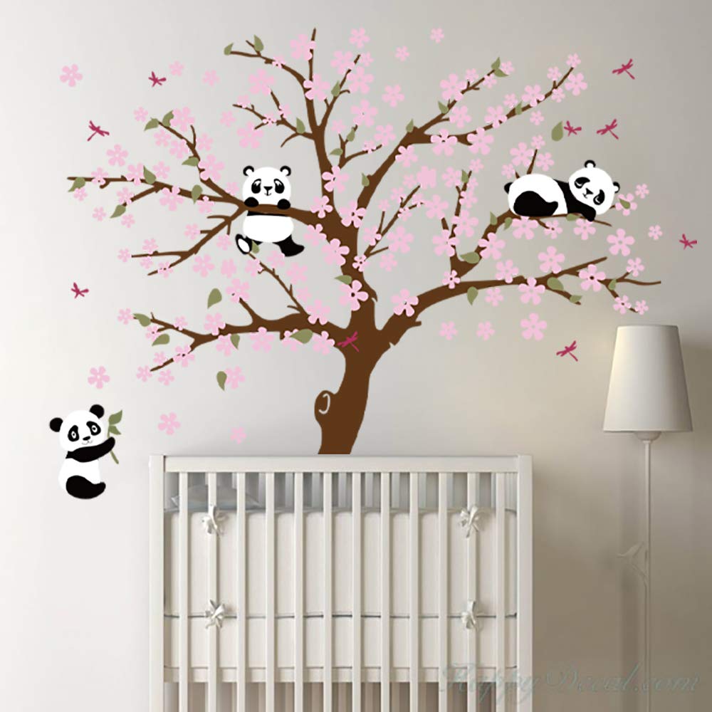 Runtoo Panda wall decal with cherry blossoms brightens bedrooms with gentle color and whimsy.