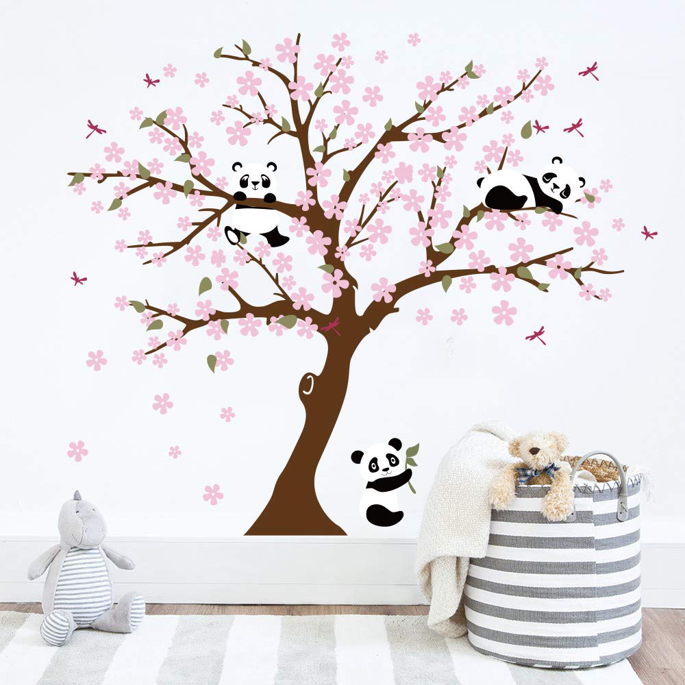 Runtoo Panda wall decal with cherry blossoms for living rooms creates a calming focal point.