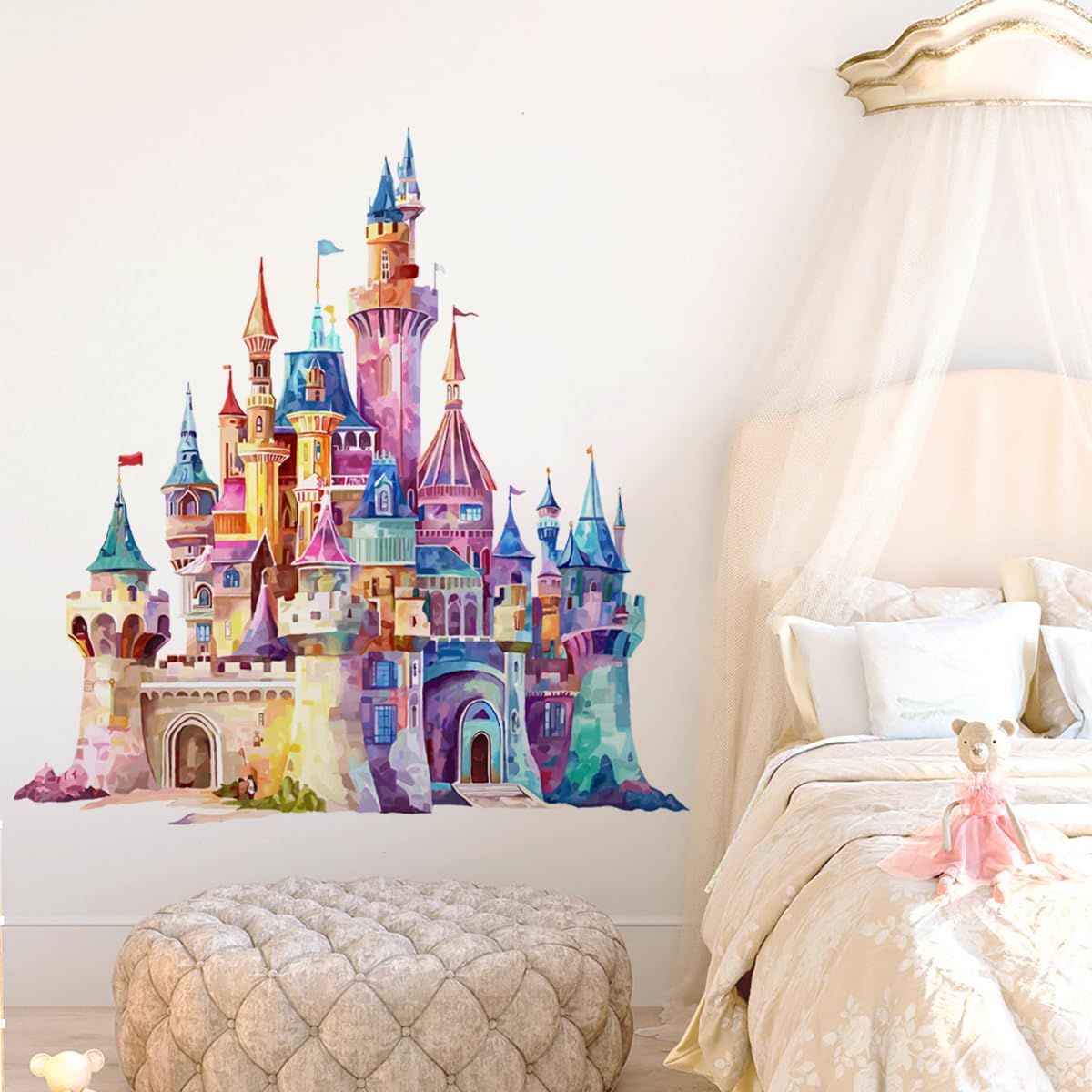 Runtoo Princess Castle wall decal on wall adds magical charm to a girl's bedroom.