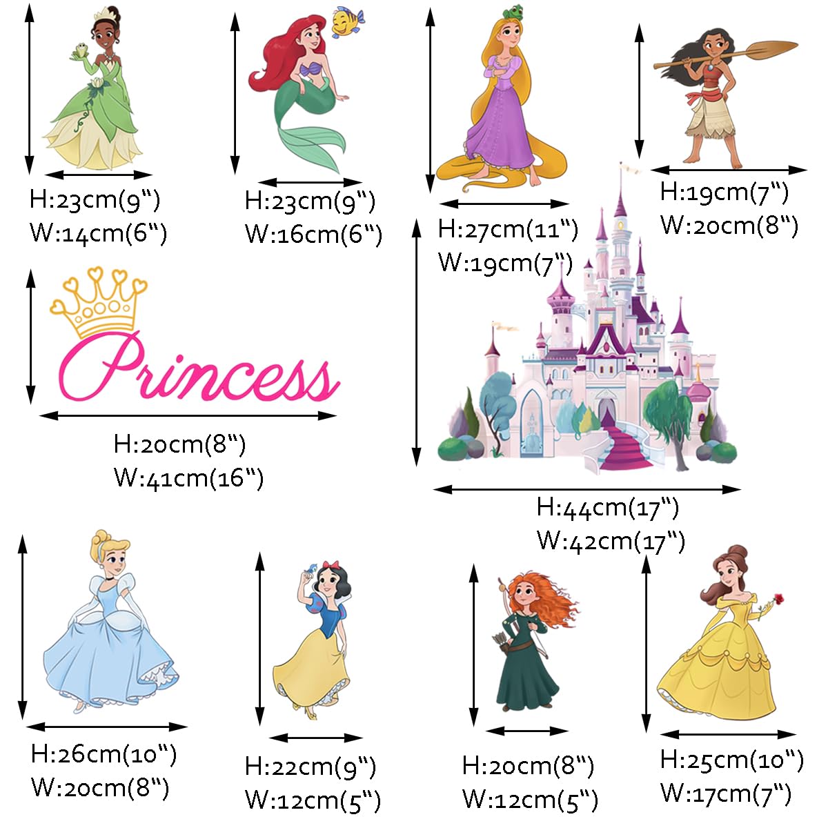 Runtoo princess wall decals show how they fit walls furniture and windows for flexible decorating