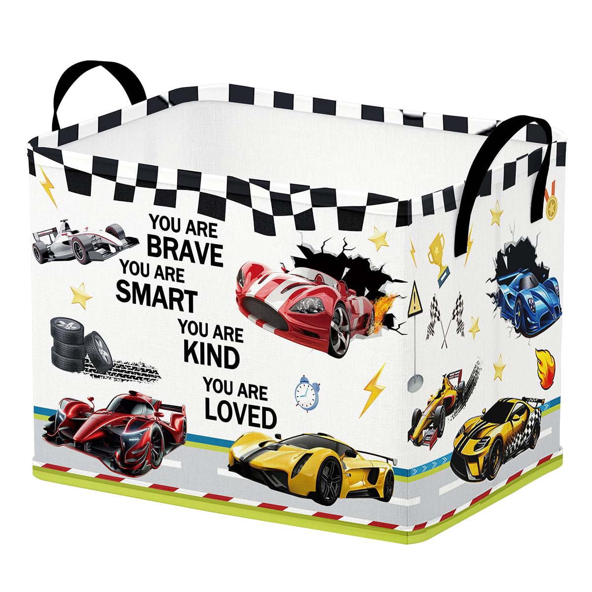 Runtoo race car baby basket close-up shows inspirational label for tidier toy organization