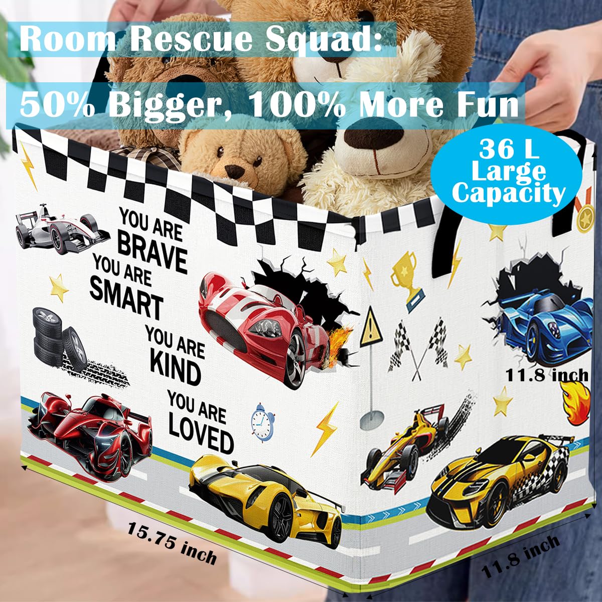 Runtoo race car bin folded flat demonstrates quick stowaway storage