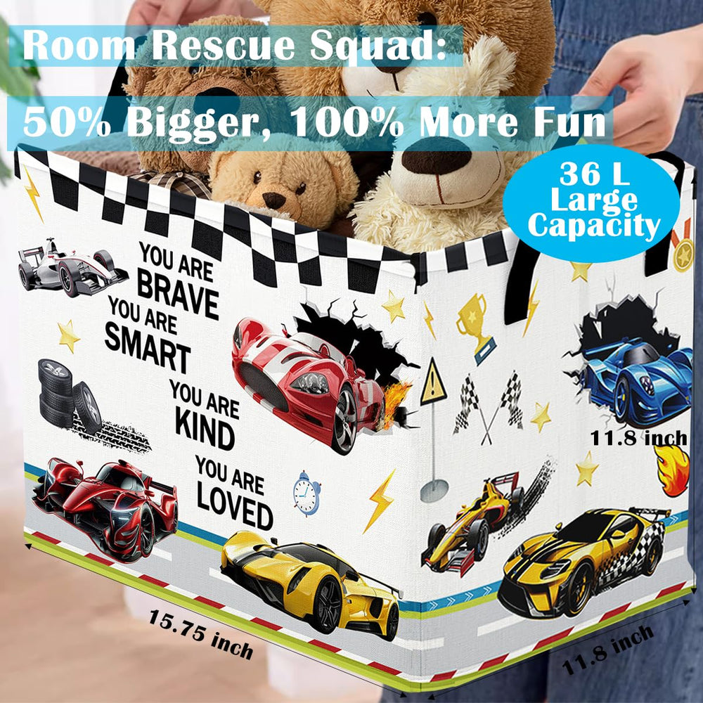 Runtoo race car bin folded flat demonstrates quick stowaway storage