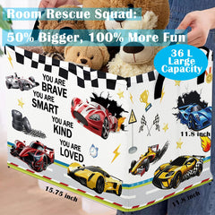 Runtoo race car bin folded flat demonstrates quick stowaway storage