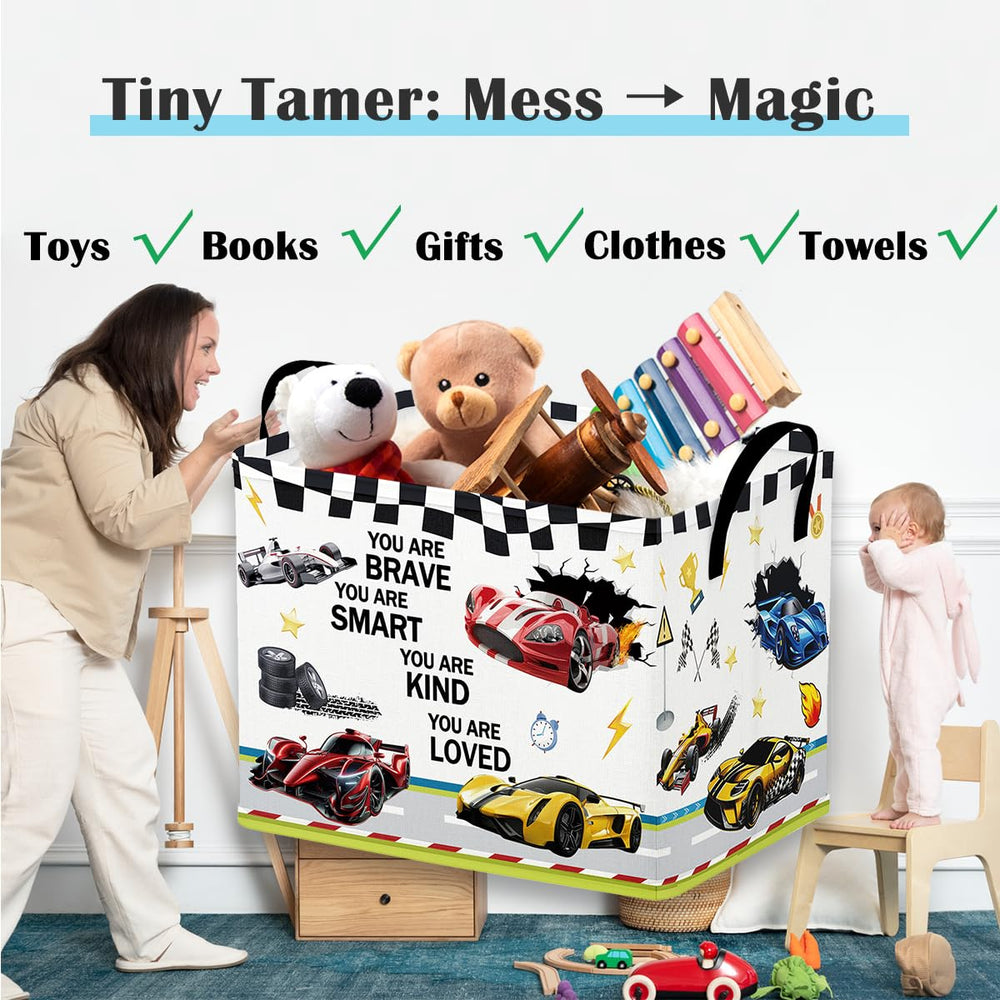 Runtoo race car bin with handles for easy carrying and kid-friendly use
