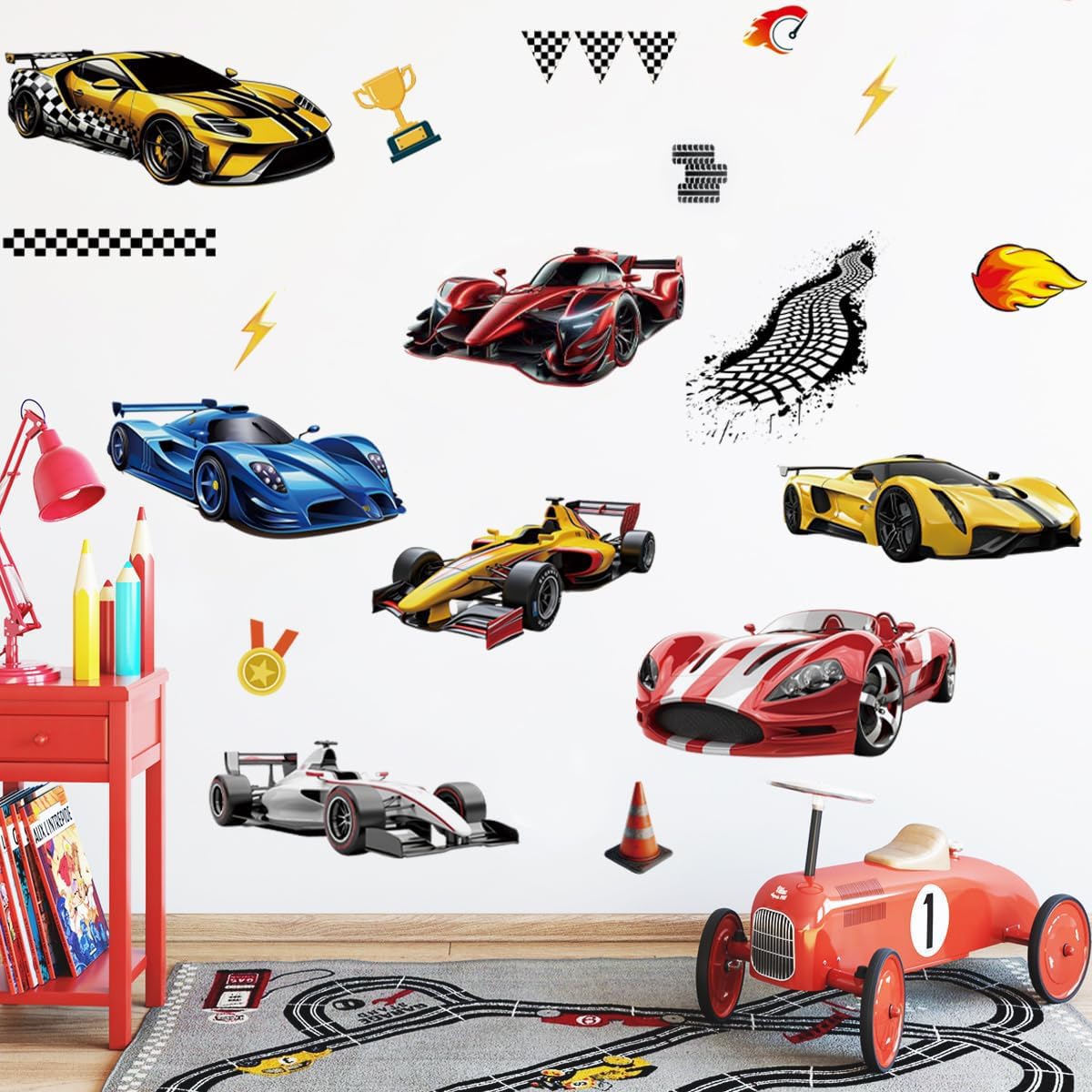 Runtoo racing car wall decals set creates a vibrant race scene for kids.