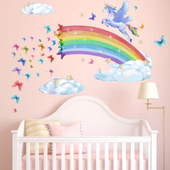 Runtoo unicorn decals with fluttering butterflies brighten the playroom walls