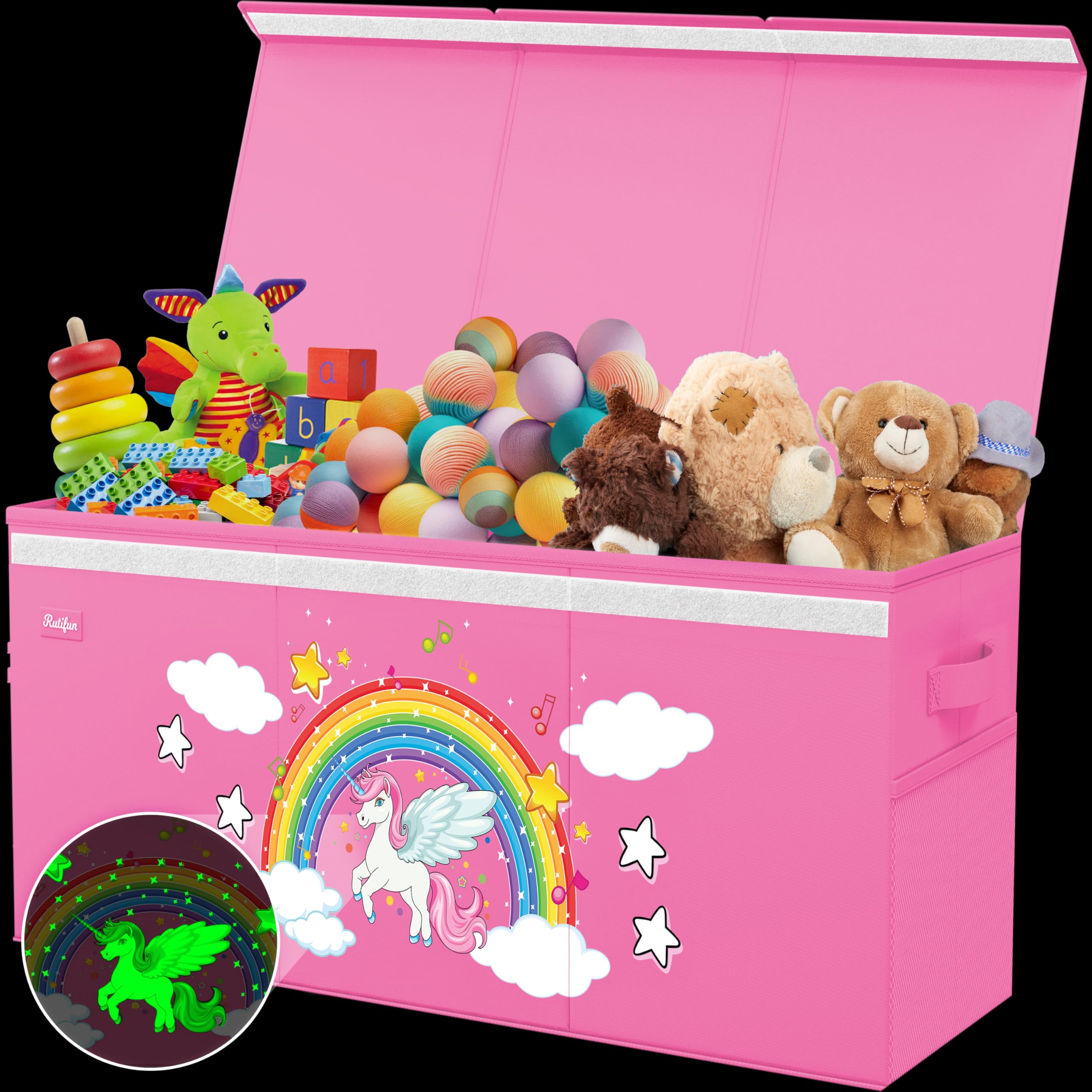 RUTIFUN XL Unicorn Toy Box foldable pink lid enables easy cleanup