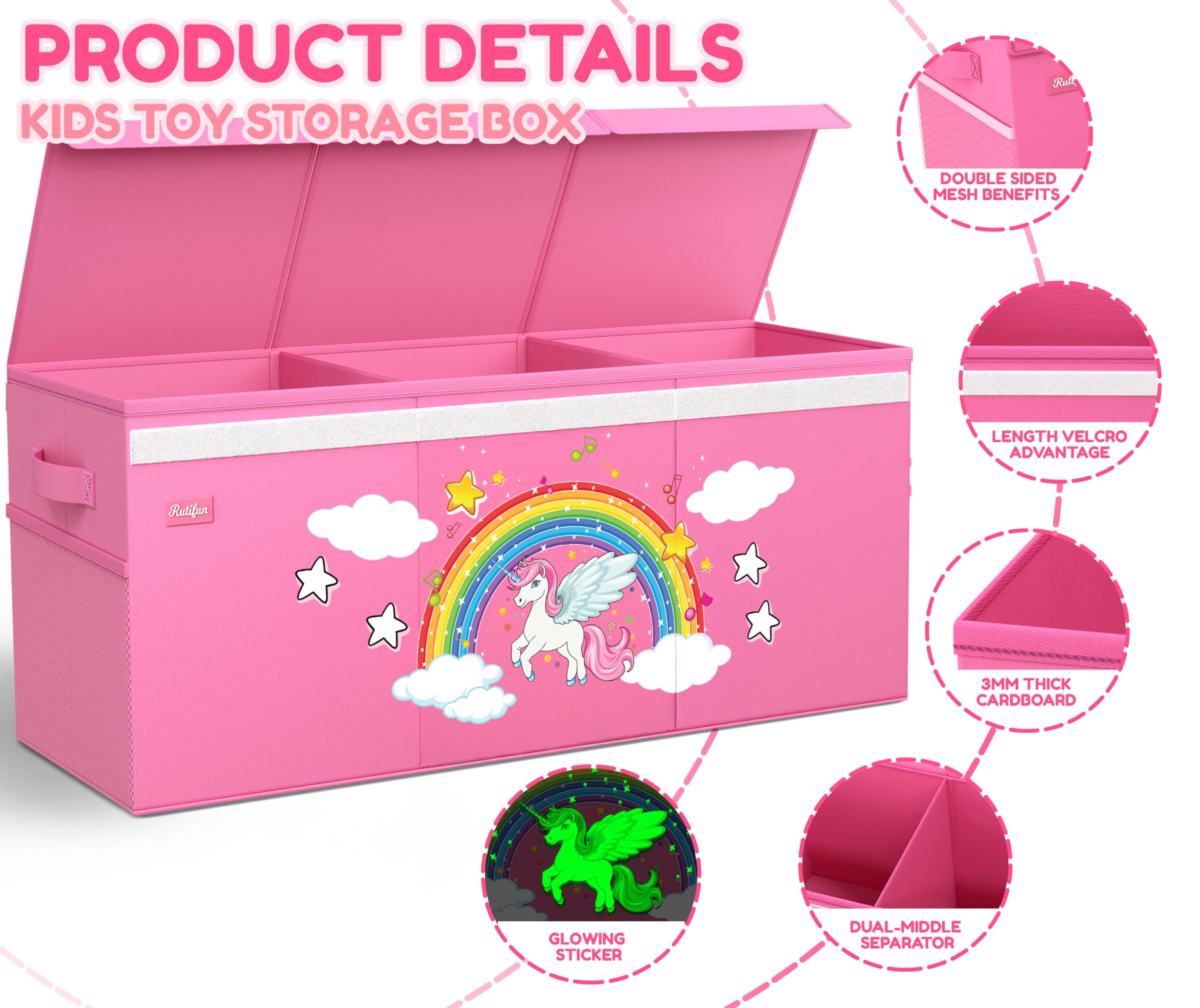 RUTIFUN XL Unicorn Toy Box glow-in-the-dark design adds magical ambience