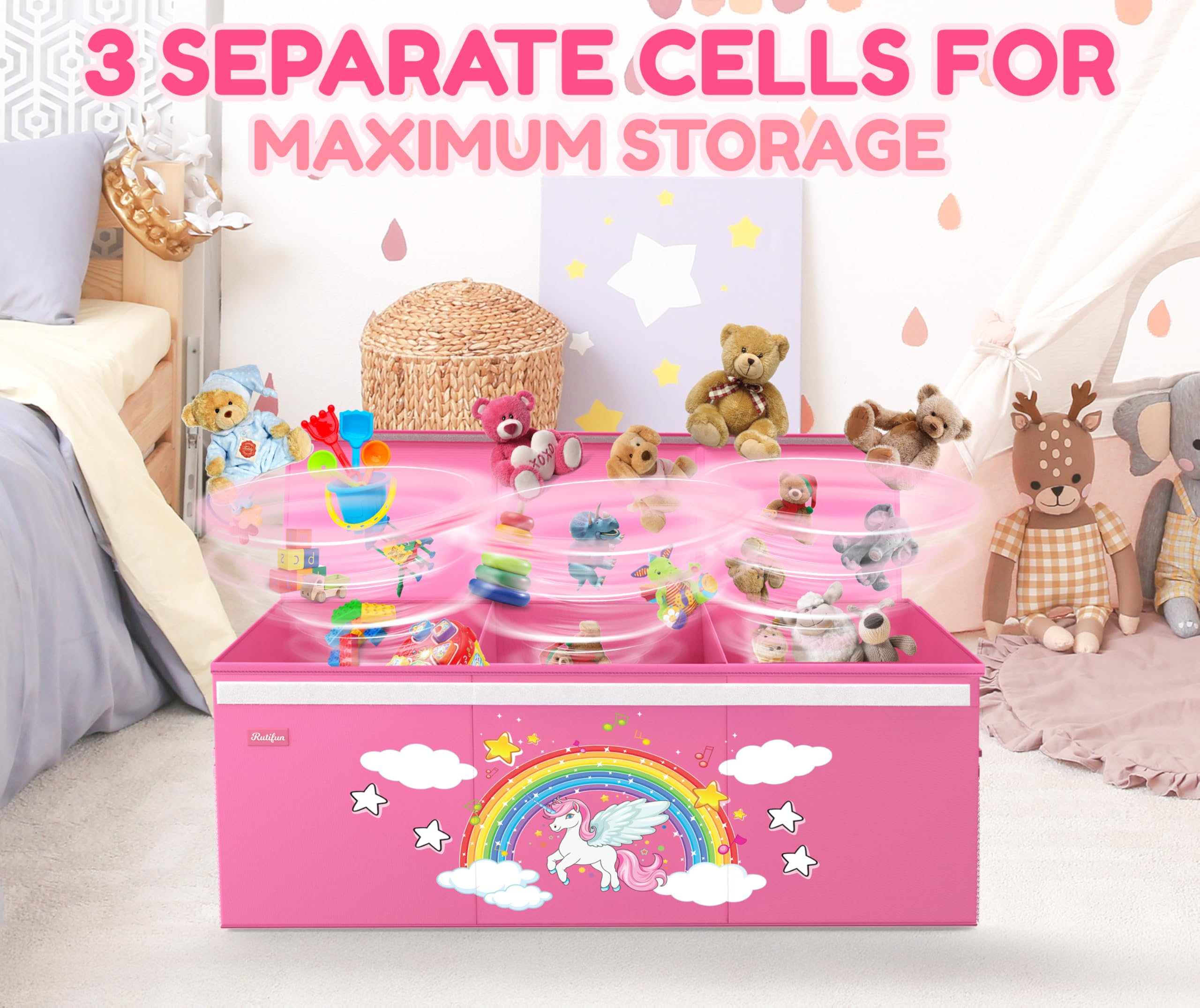 RUTIFUN XL Unicorn Toy Box reinforced handles for easy transport