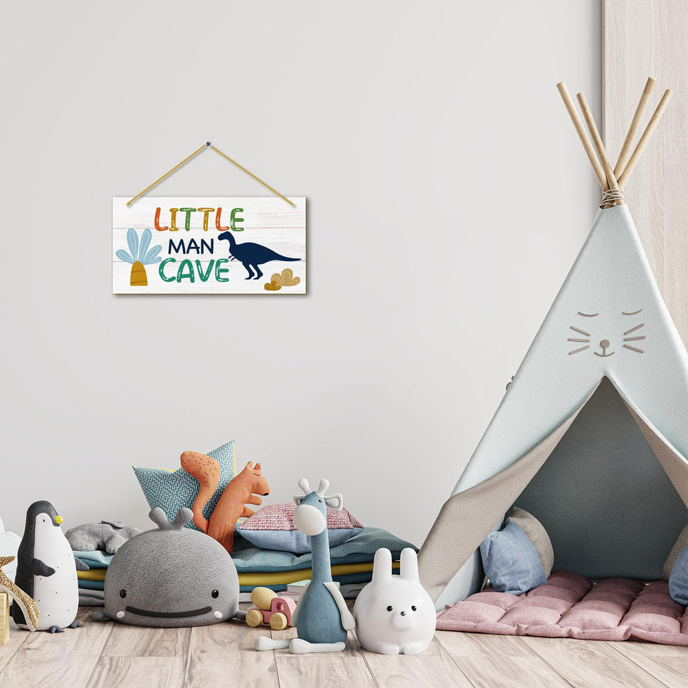 Rutiyoka 12x6 inch sign showcases dino theme for kid’s playroom.