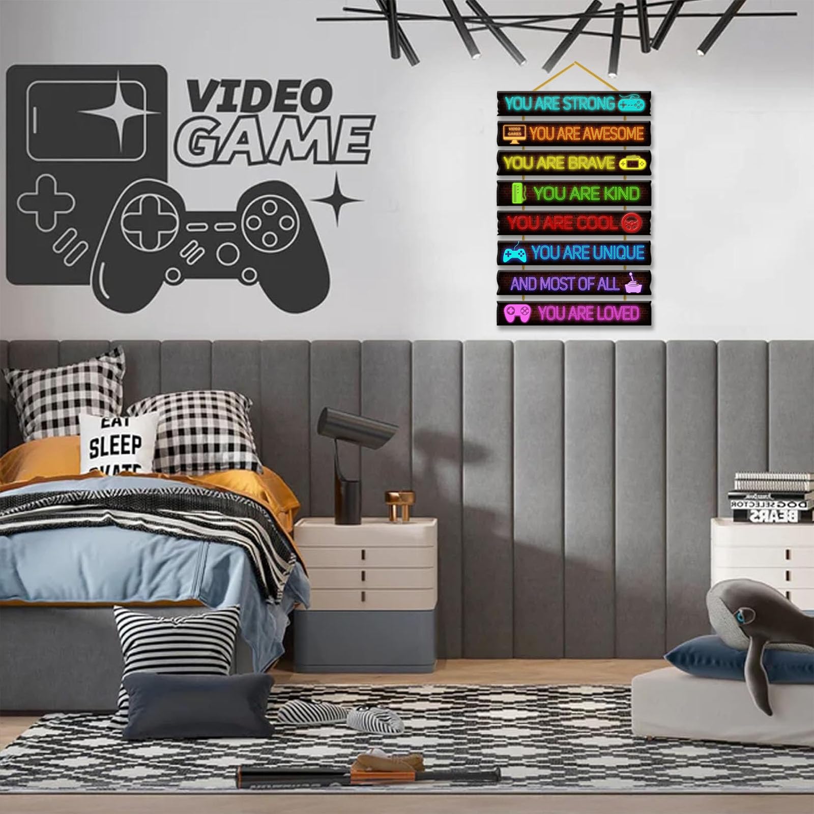 Rutiyoka game room decor showcased in a boy's bedroom for playful study and relaxation ambiance