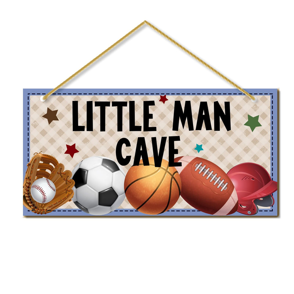 Rutiyoka Little Man Cave door sign front view; adds sporty charm to boys' rooms.