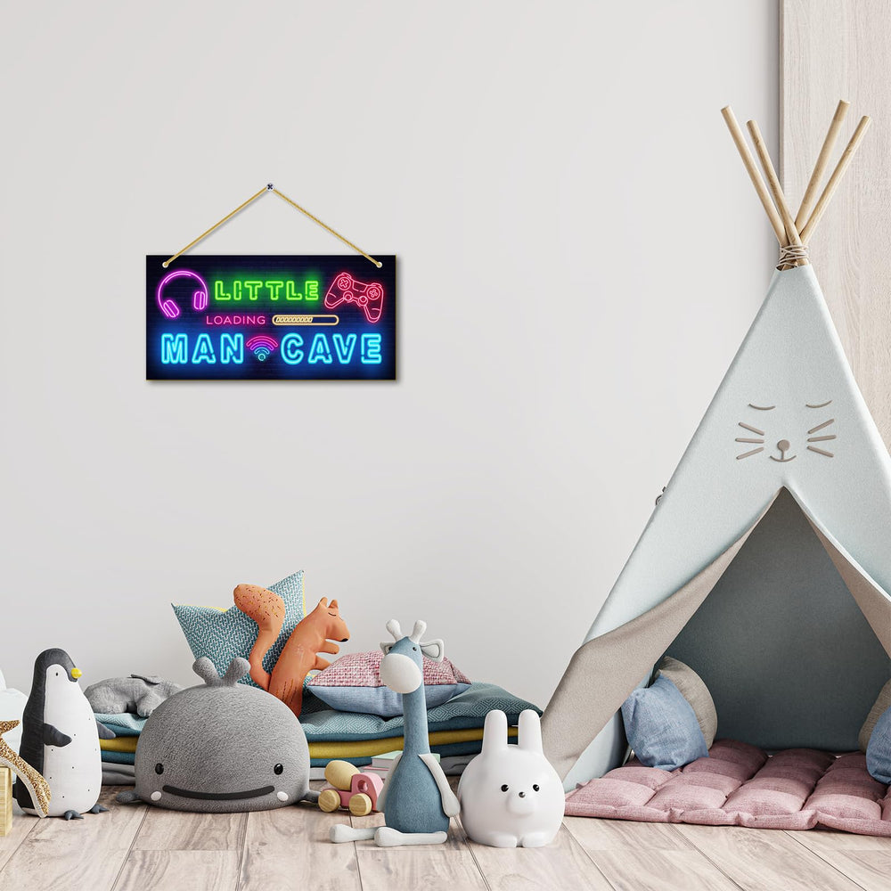 Rutiyoka Little Man Cave door sign hanging setup shows quick wall display without tools