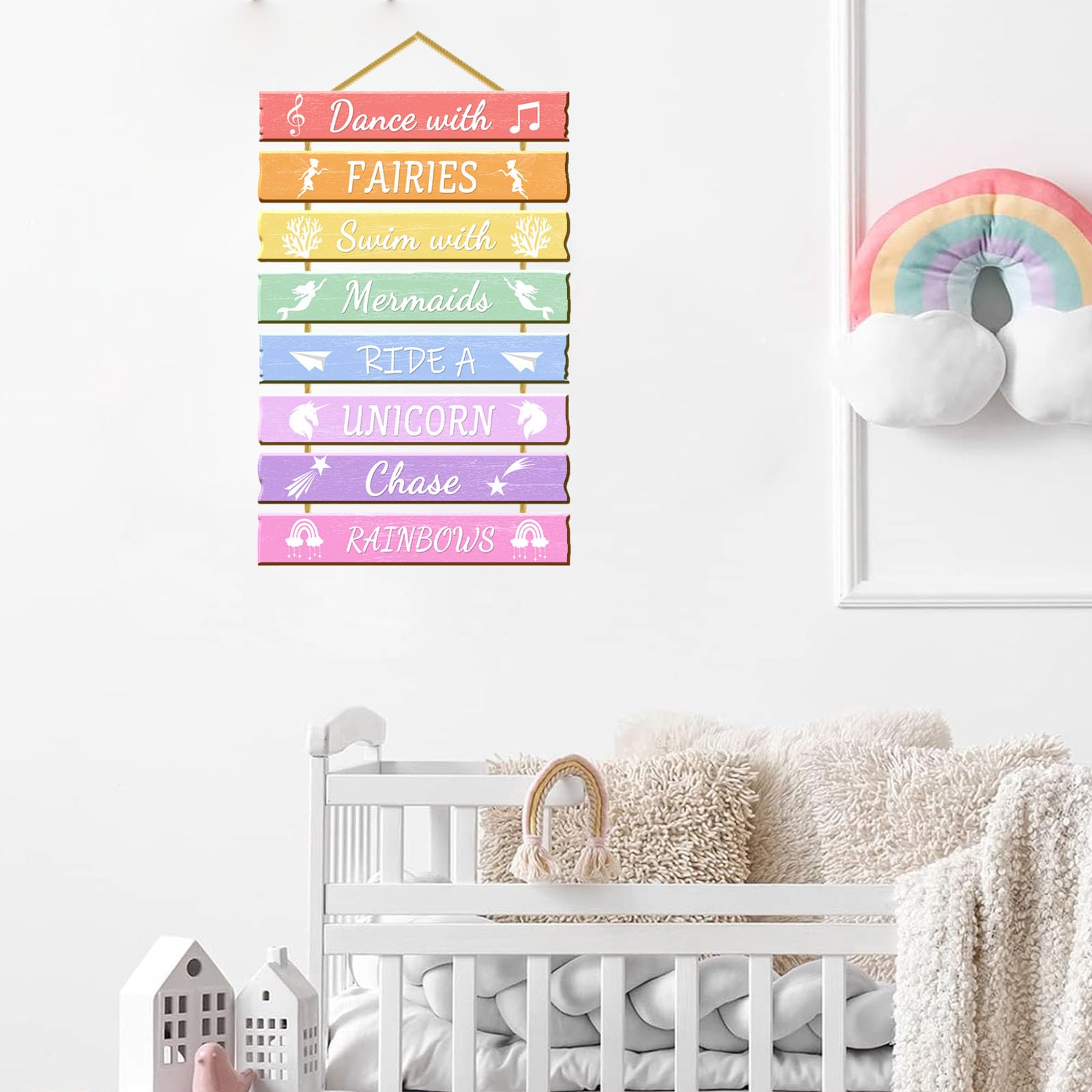 Rutiyoka rainbow wall art hangs securely with hemp rope for easy display.