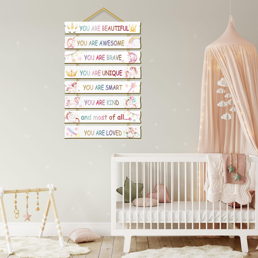 Rutiyoka Unicorn Wall Art with pastel patterns adds soft color to girl's room