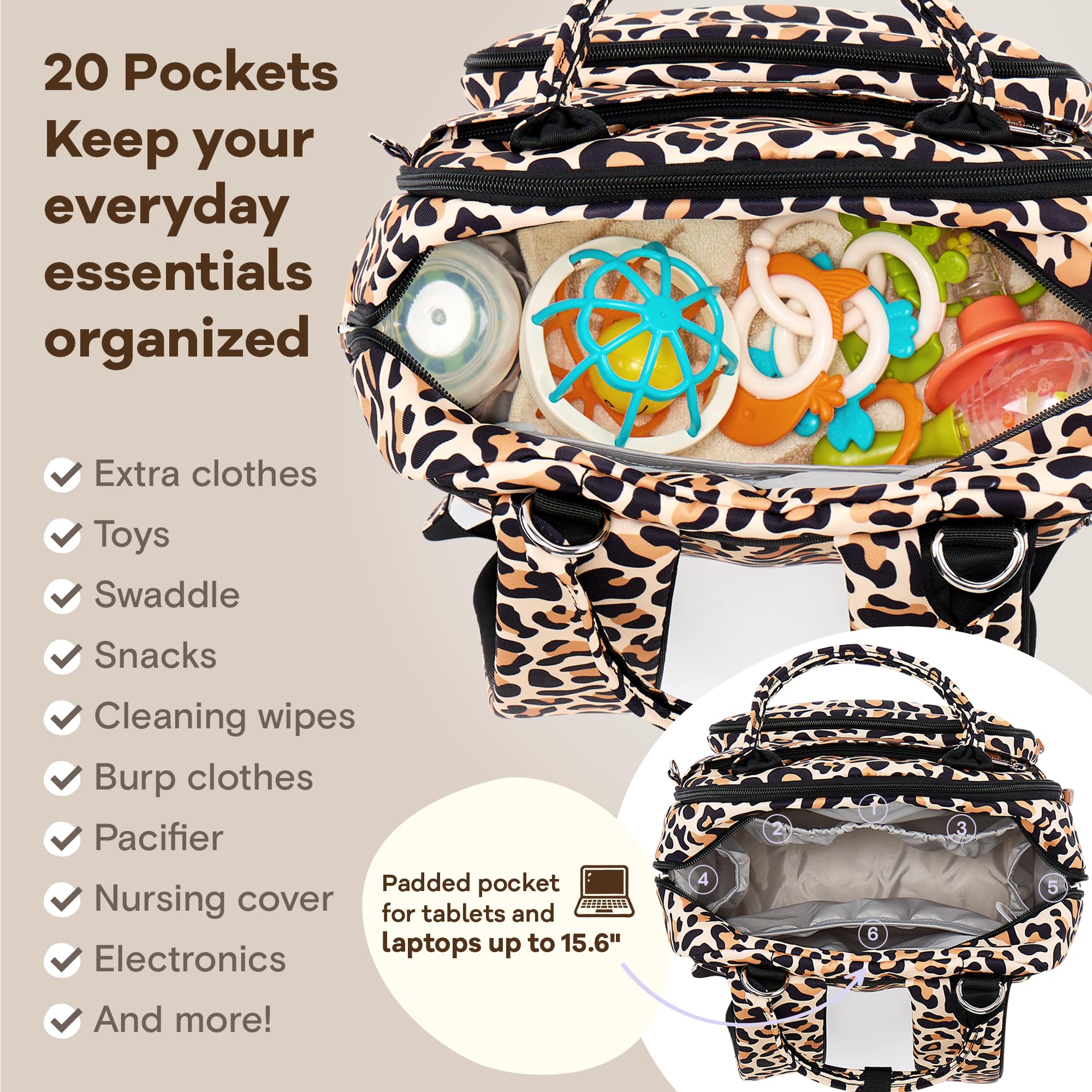 RUVALINO interior laptop pocket protects devices while organizing baby items.