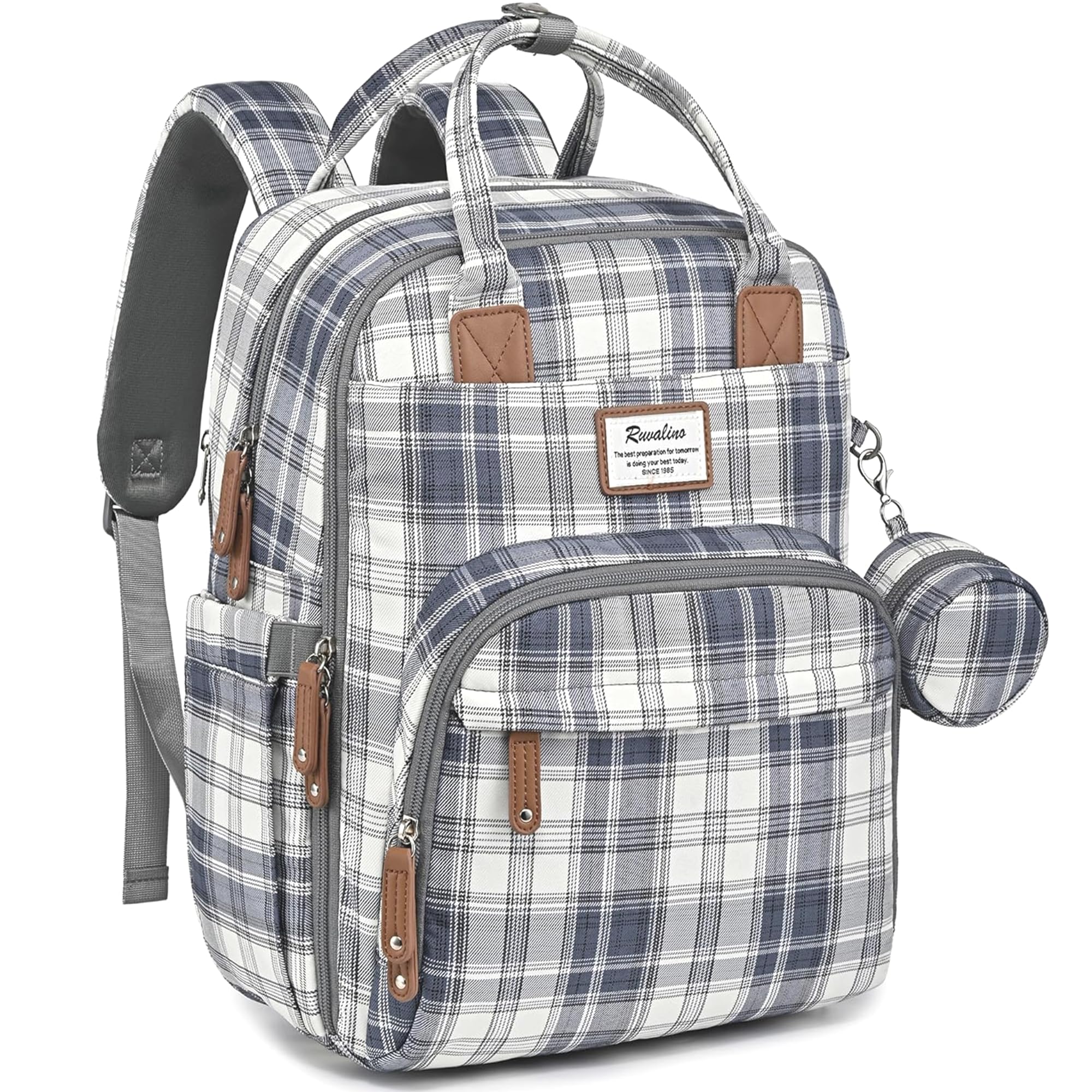 RUVALINO diaper bag backpack blue plaid front view keeps essentials organized on the go
