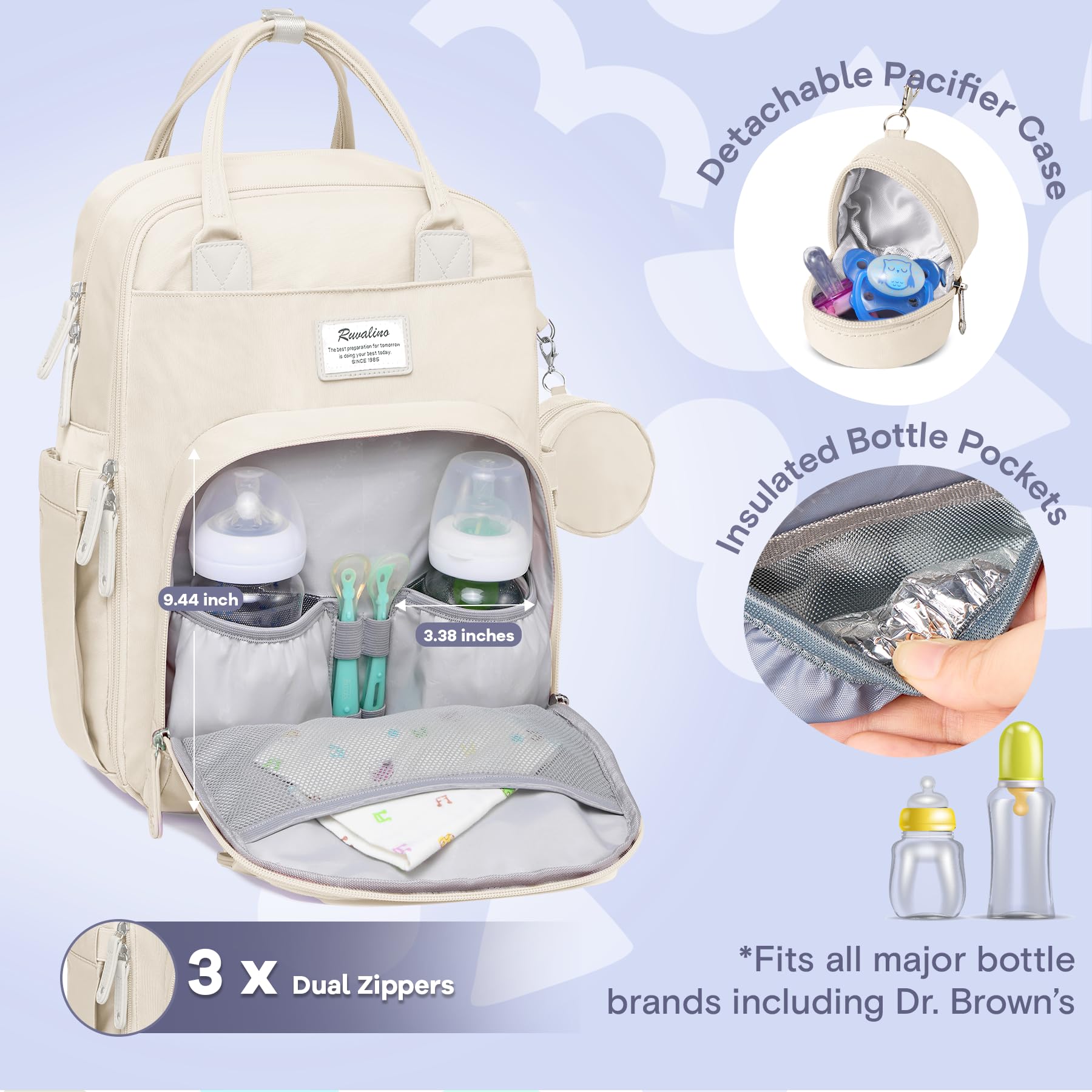 RUVALINO Diaper Backpack changing pad included for clean, comfortable diaper changes away from home.