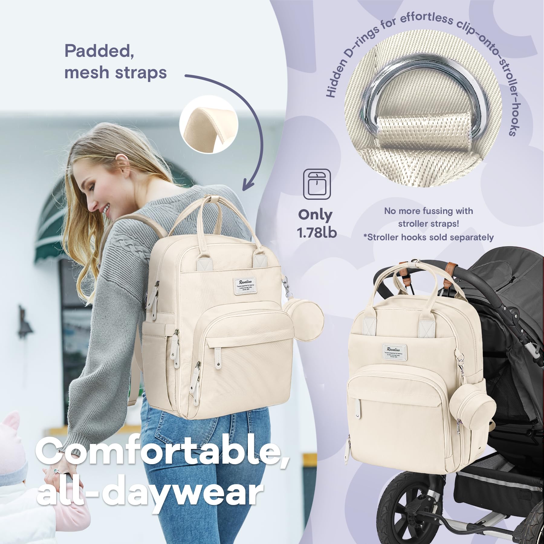 RUVALINO Diaper Backpack ergonomic back panel reduces shoulder strain during long days.