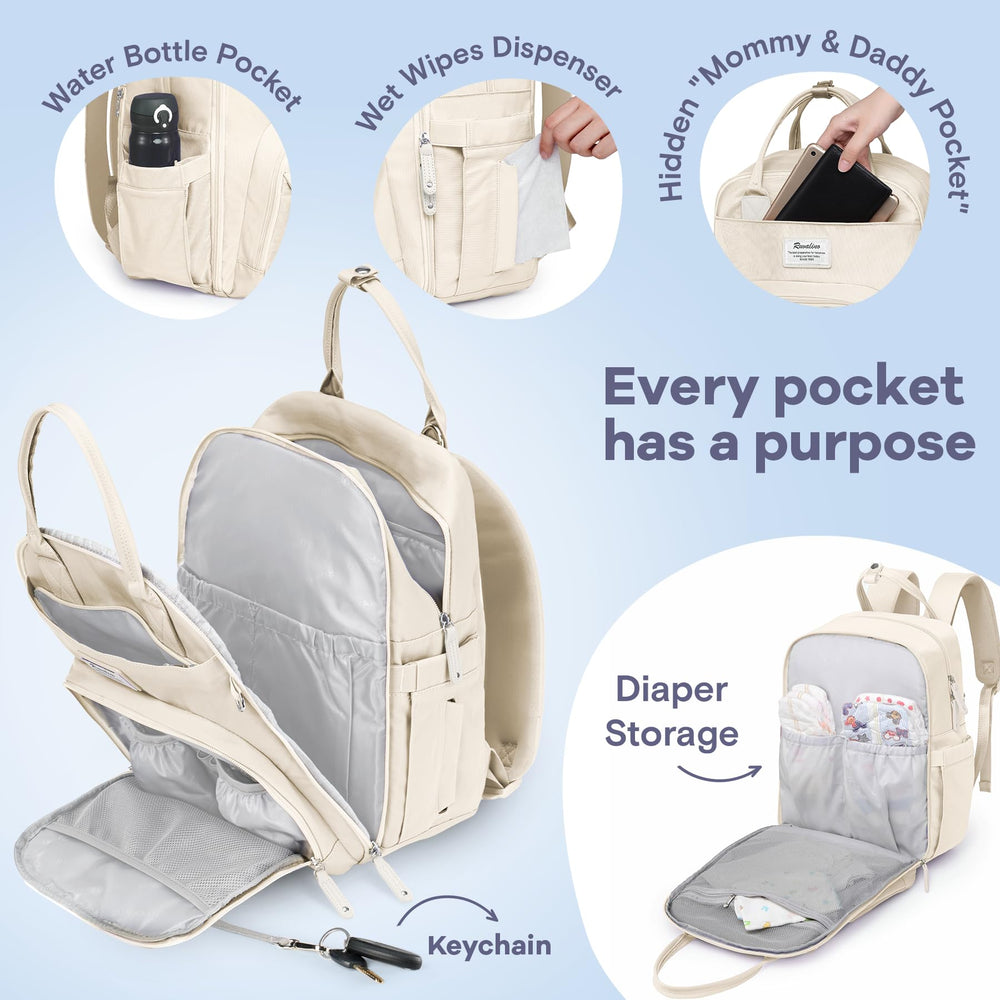 RUVALINO Diaper Backpack insulated bottle pockets keep bottles warm or cool during outings.