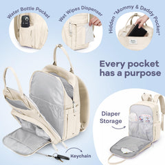 RUVALINO Diaper Backpack insulated bottle pockets keep bottles warm or cool during outings.