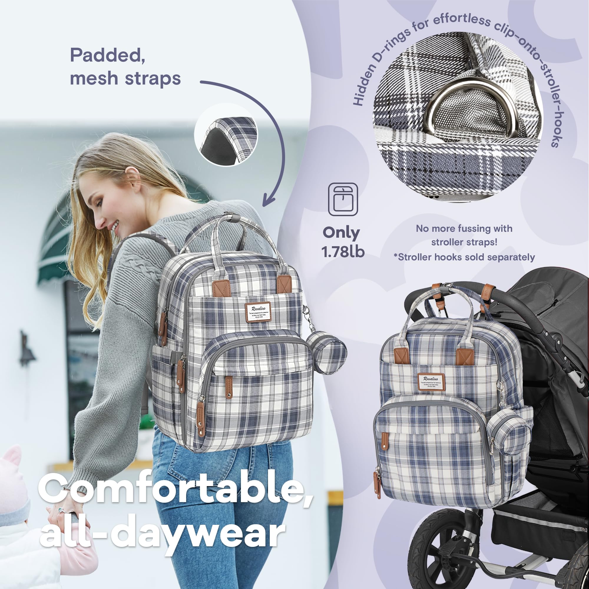 RUVALINO diaper bag backpack laptop pocket supports quick work or school days