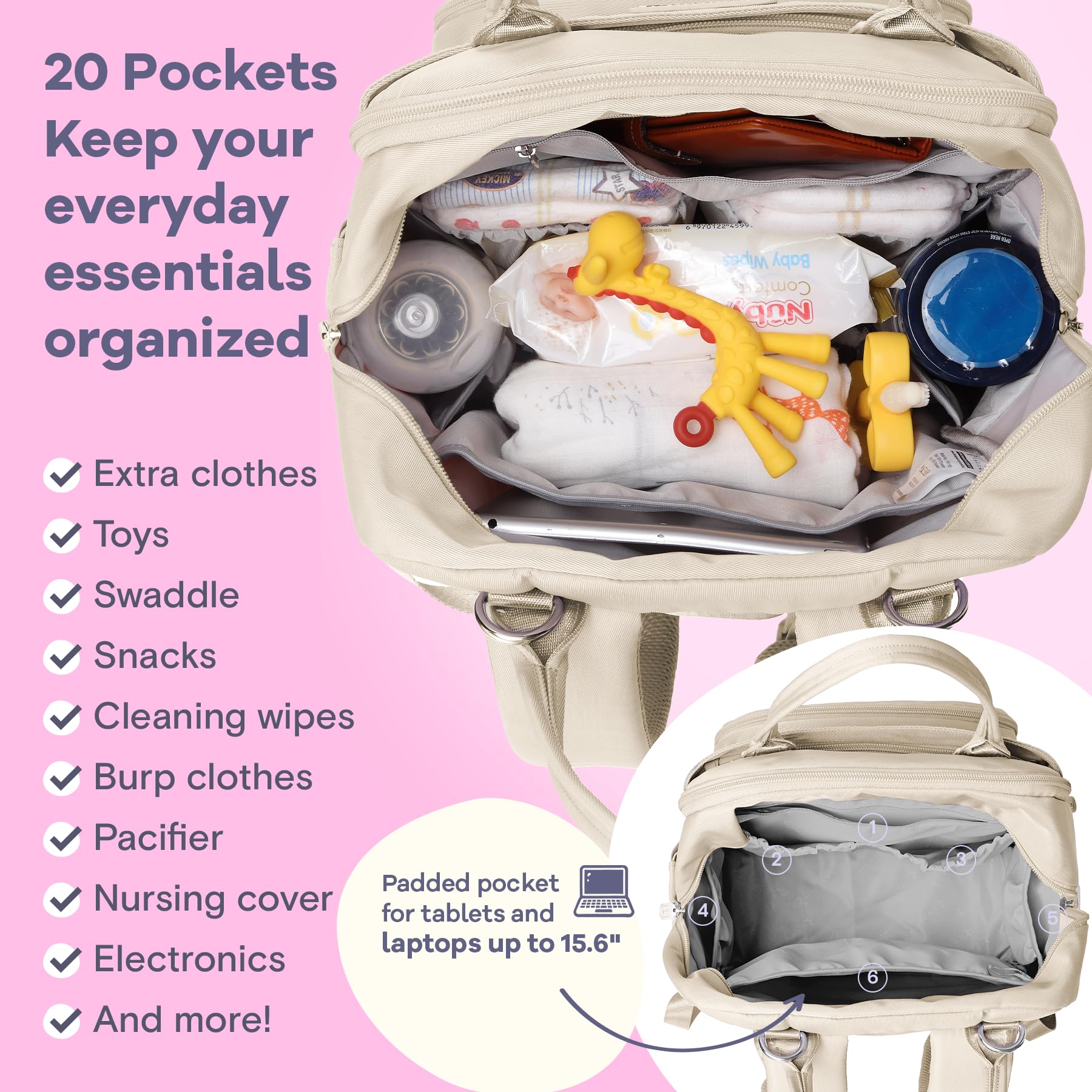 RUVALINO Diaper Backpack stroller attachment keeps the bag within reach on outings.
