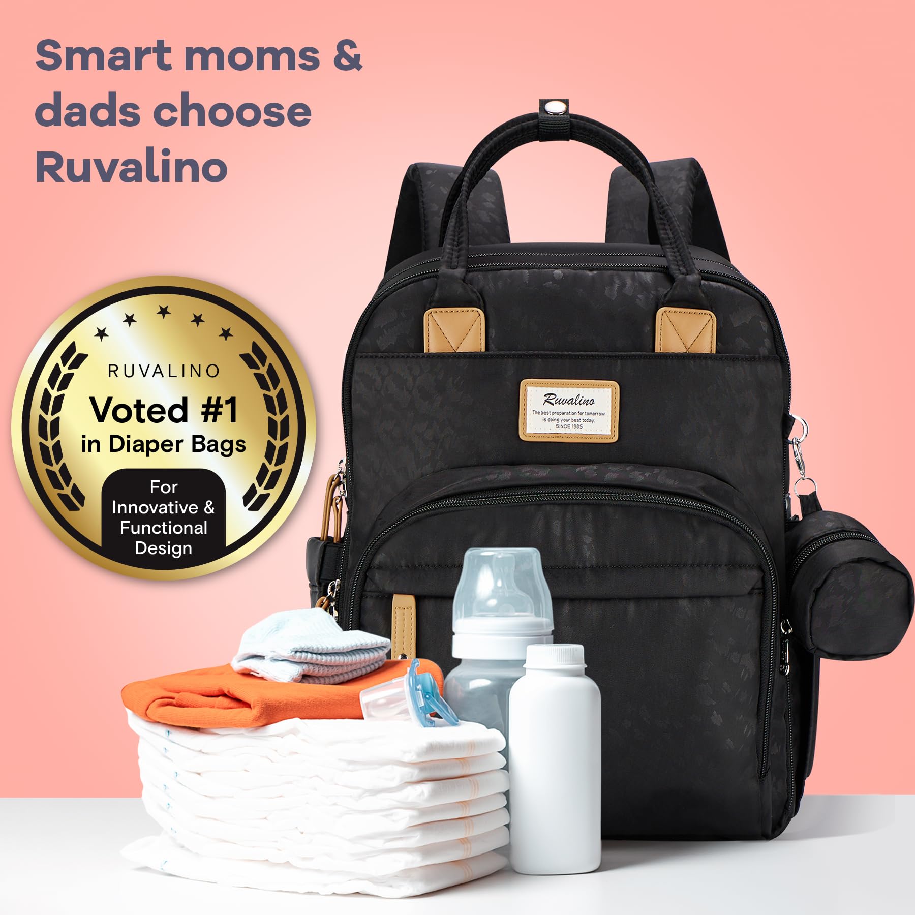 RUVALINO diaper bag backpack ergonomic back panel eases carrying on long outings.