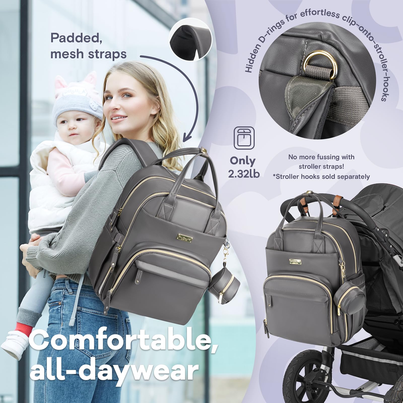 RUVALINO diaper bag backpack breathable back panel reduces fatigue during travel