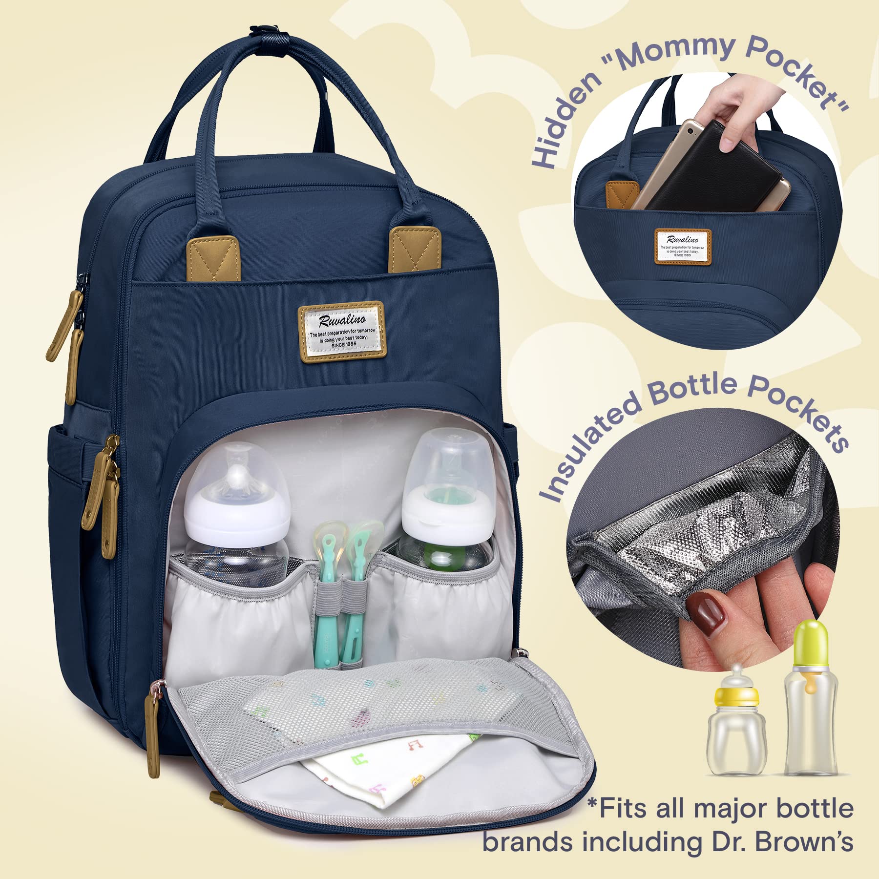 RUVALINO diaper bag backpack back view emphasizes cushioned straps for comfortable all-day wear.