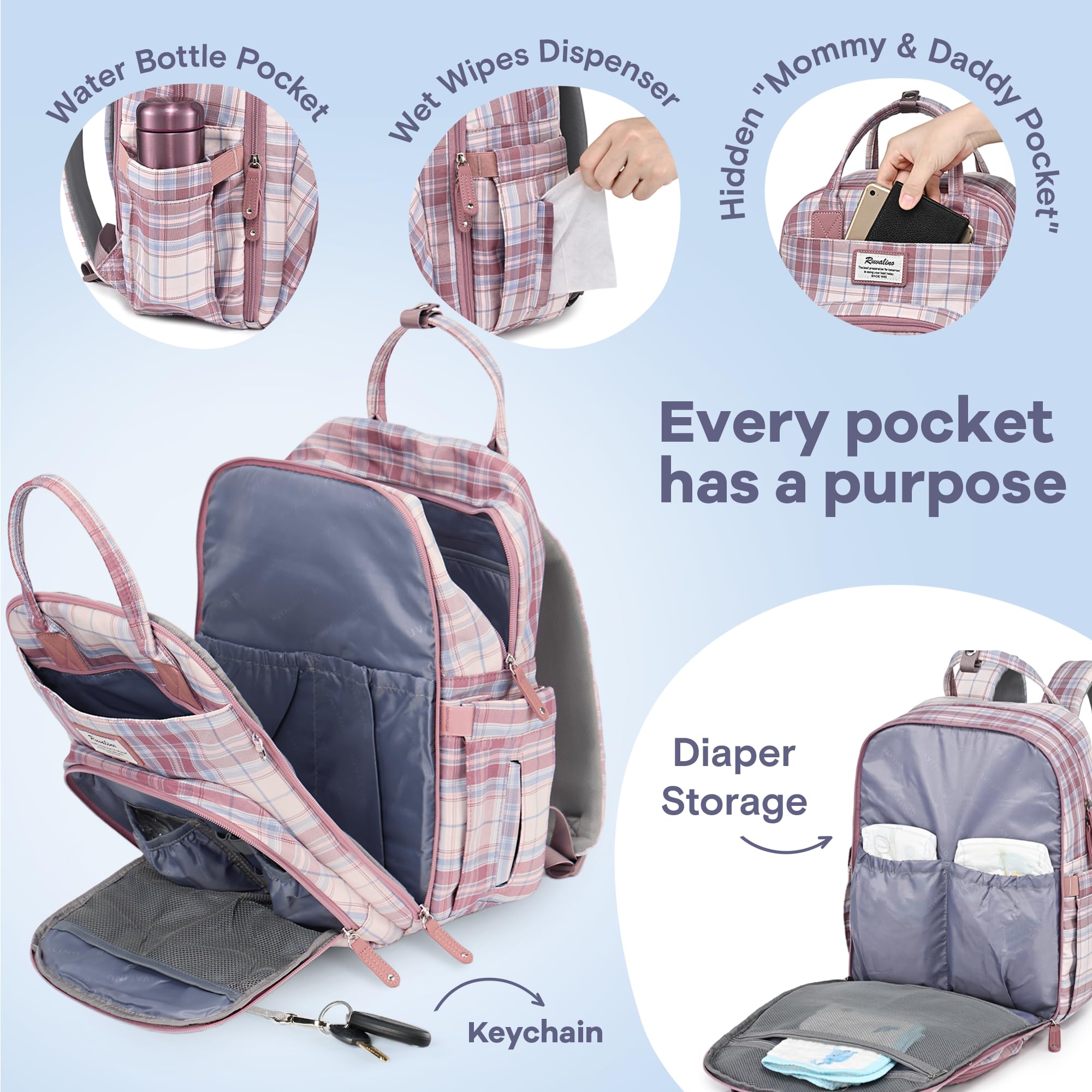 RUVALINO diaper bag backpack changing pad included for quick diaper changes on outings.