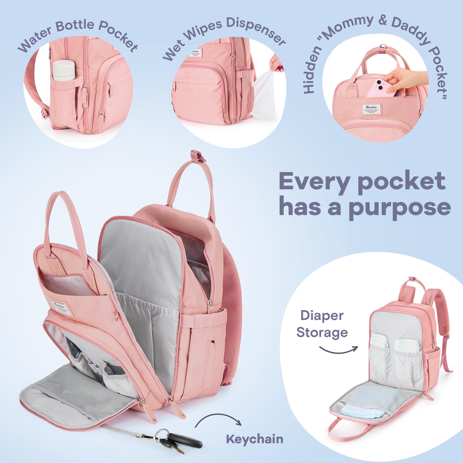 RUVALINO diaper bag backpack changing pad included for comfortable on-the-go diaper changes