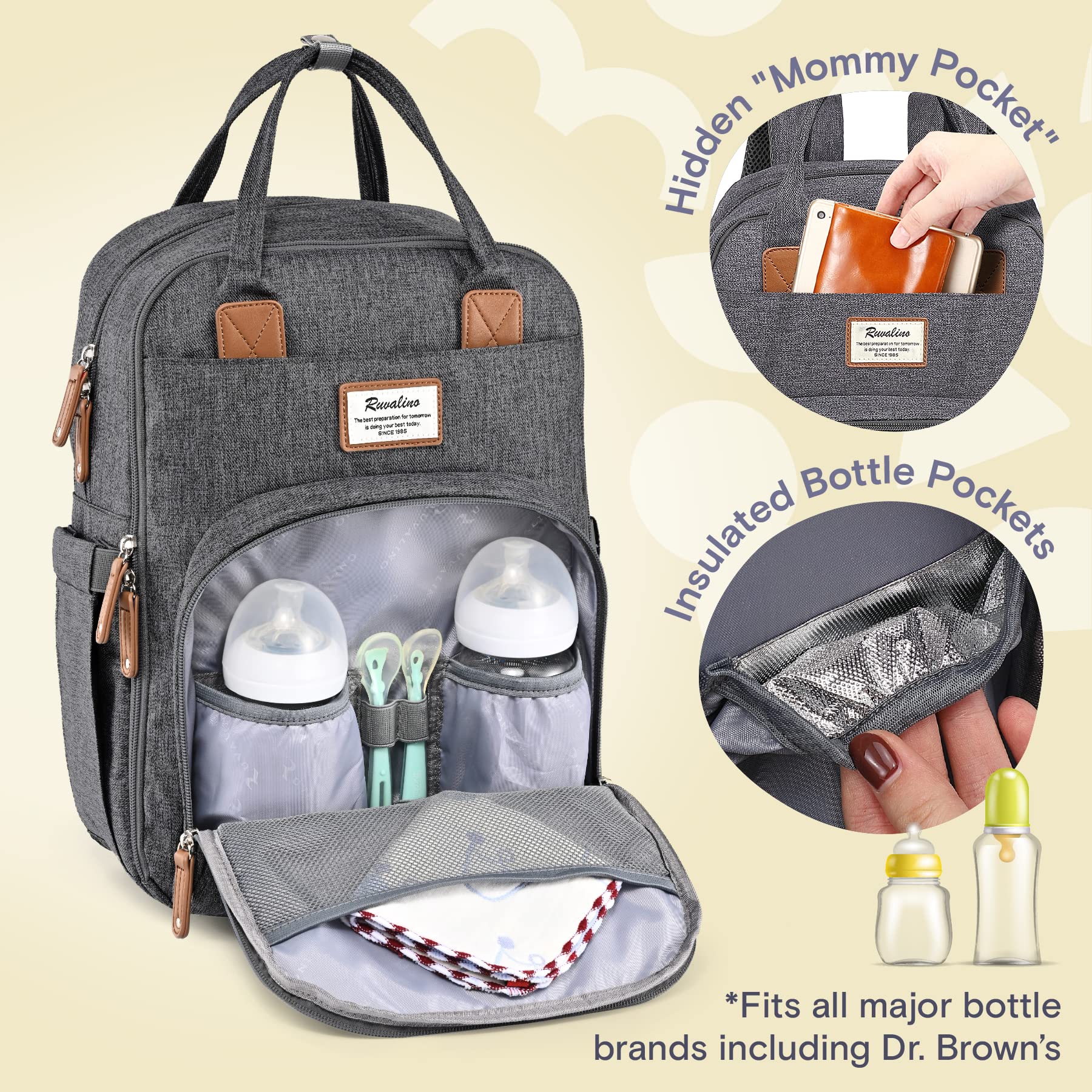 RUVALINO Diaper Bag Backpack changing pad for quick diaper changes away from home