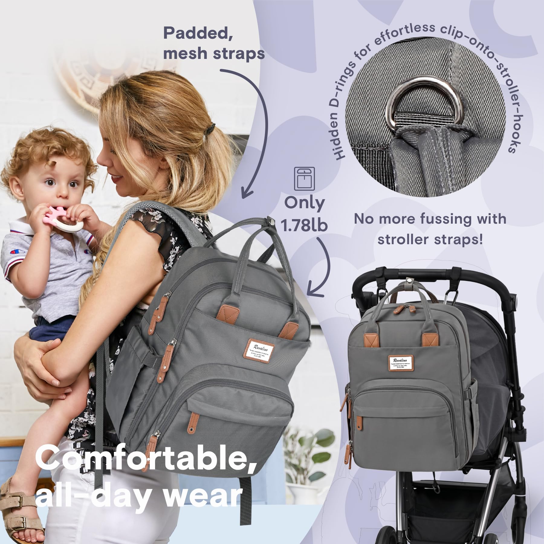 RUVALINO diaper bag backpack convertible design as backpack, hand-held, or stroller attachment.