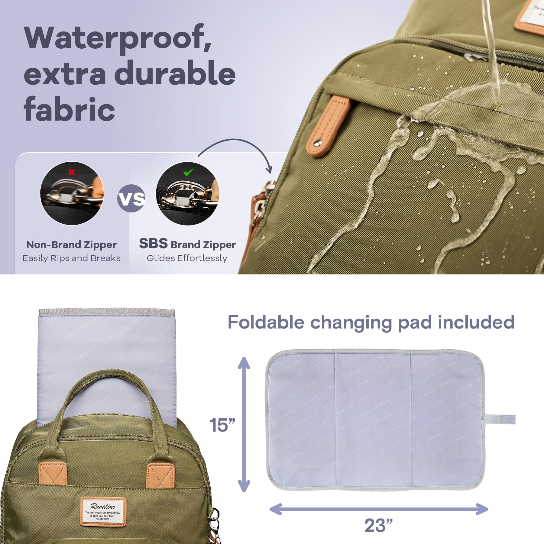 RUVALINO diaper bag backpack convertible stroller attachment for versatile travel.