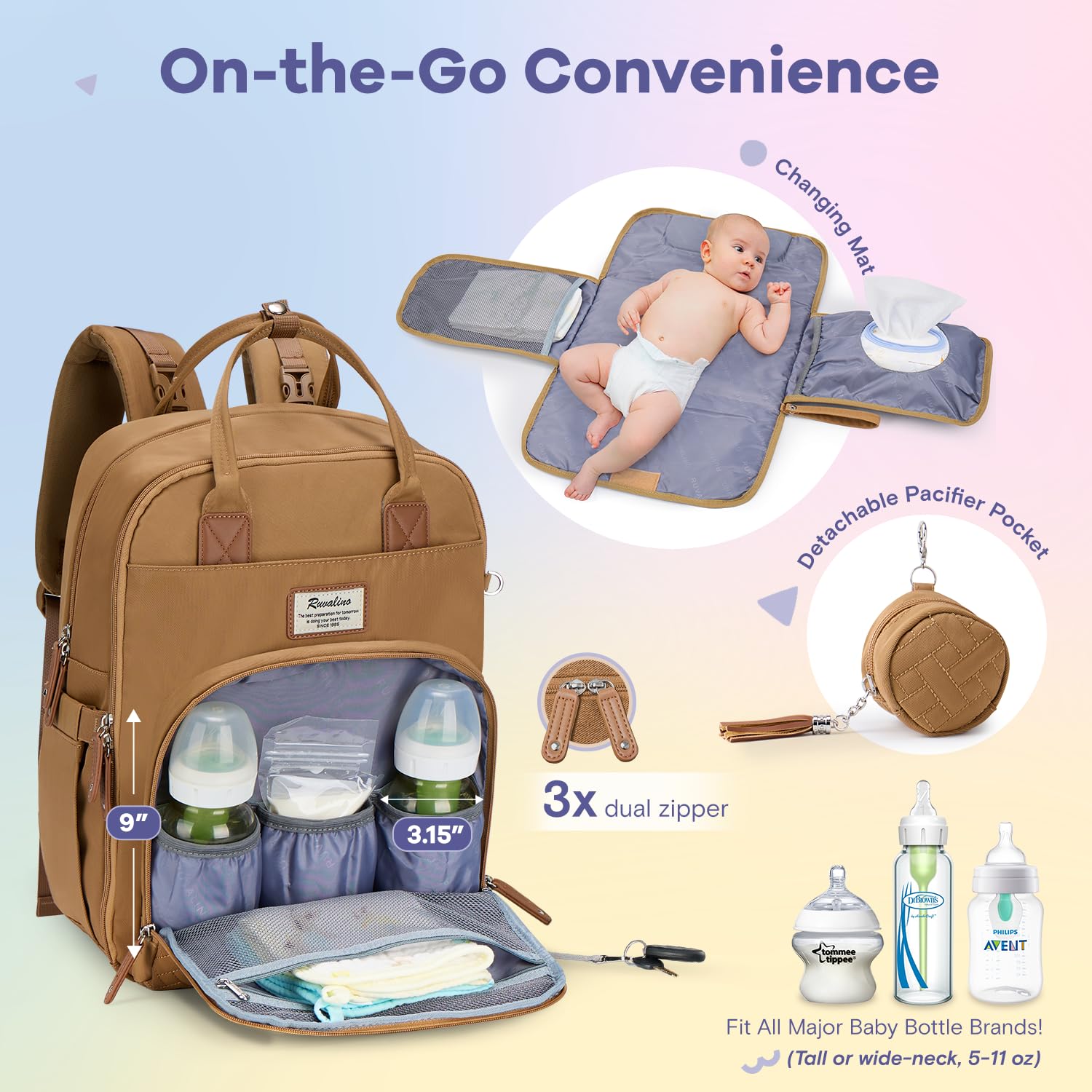 RUVALINO diaper bag backpack detachable pacifier holder shown for organization