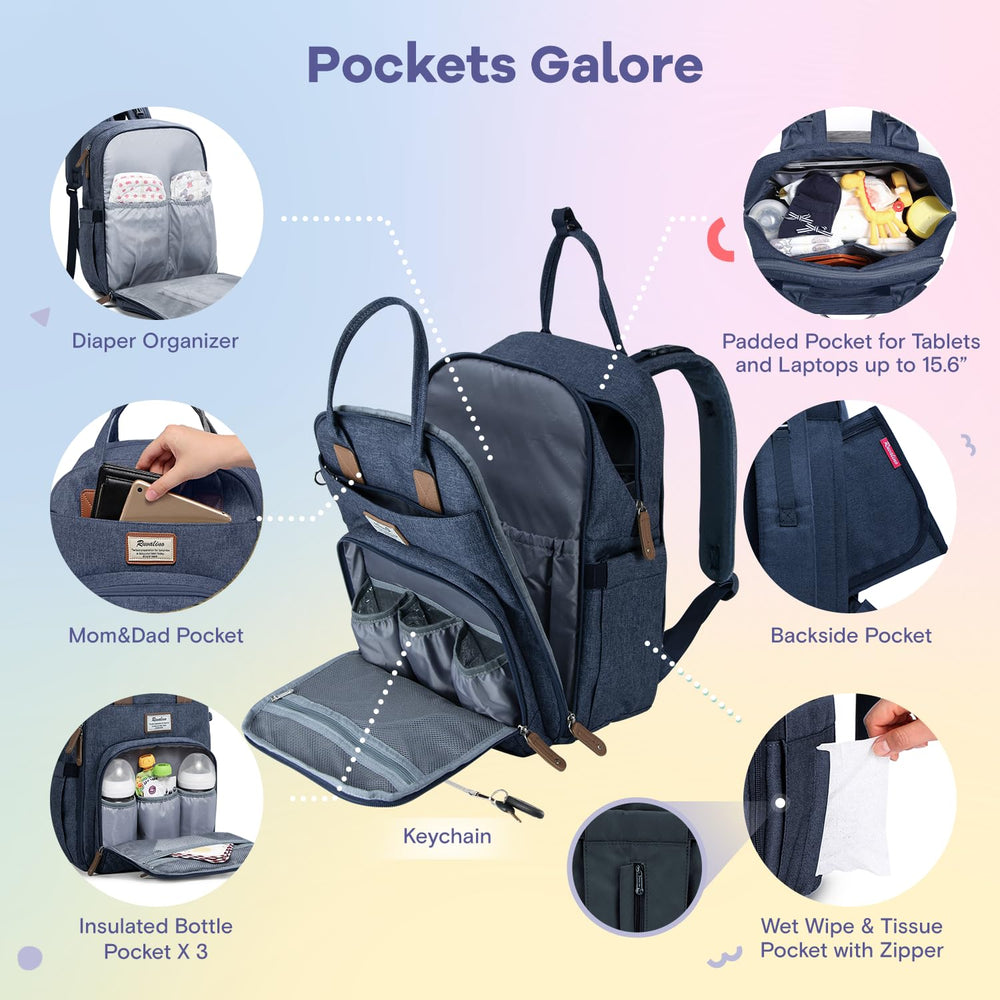 RUVALINO diaper bag backpack detachable pacifier holder keeps tiny items organized.