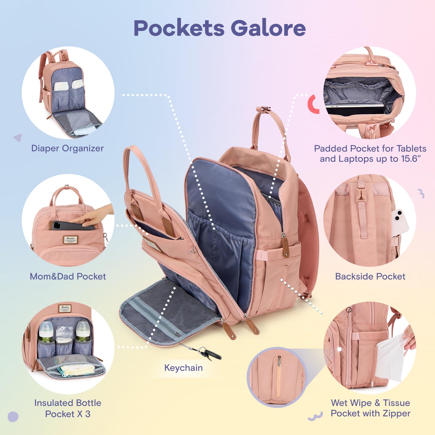 RUVALINO diaper bag backpack detachable pacifier holder keeps essentials organized