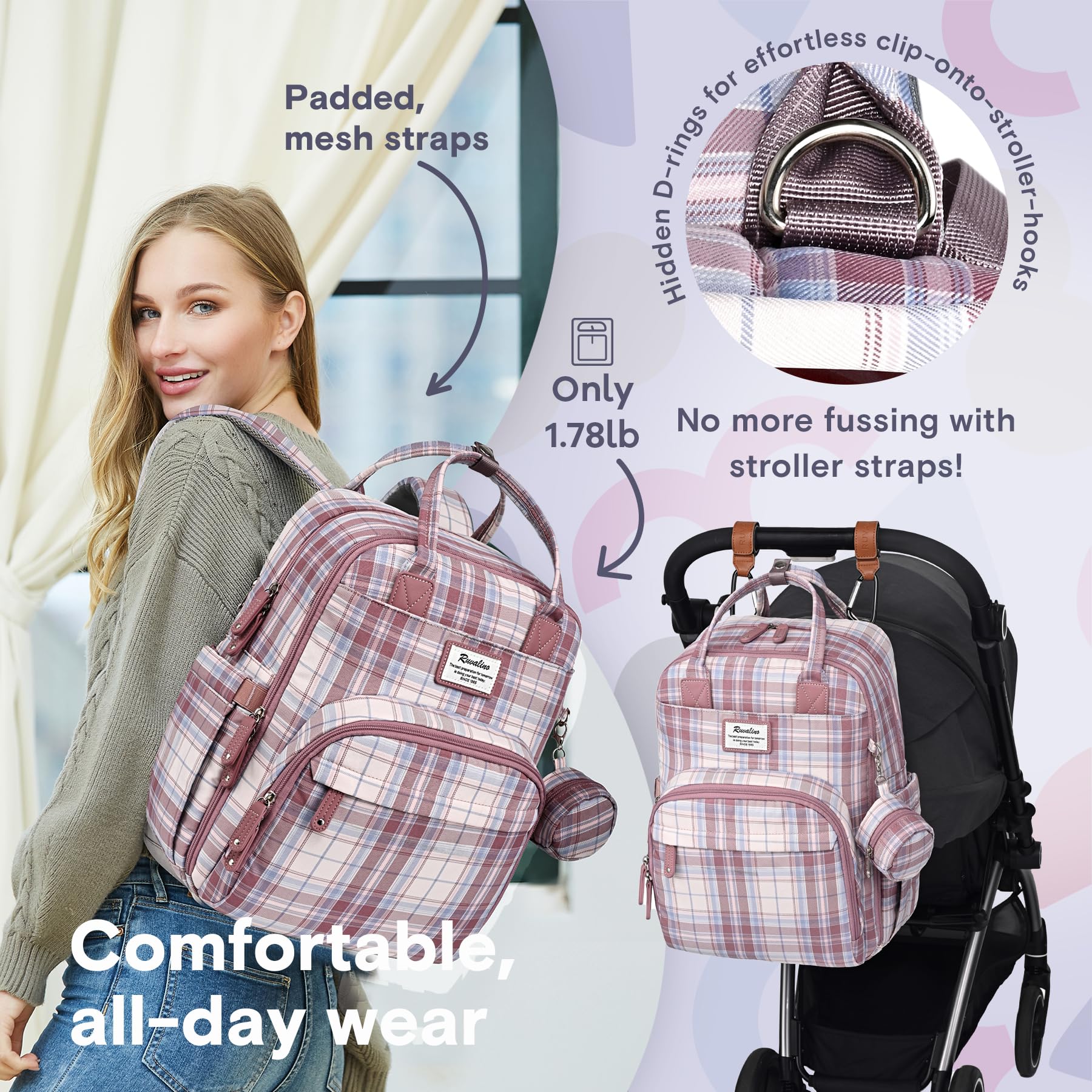 RUVALINO diaper bag backpack ergonomic design with padded straps for comfortable carrying.