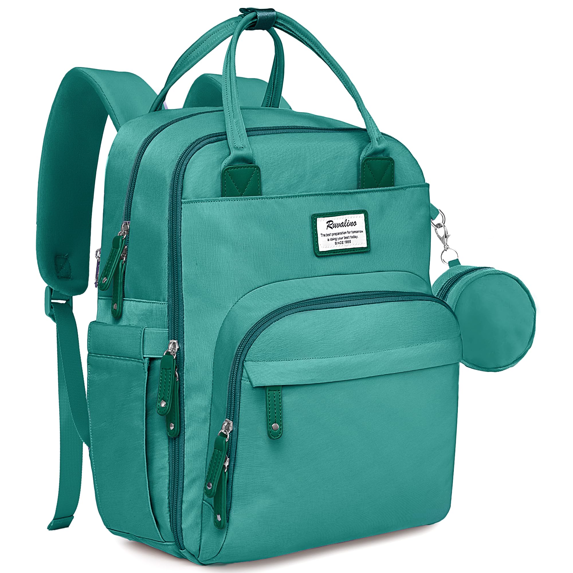 RUVALINO diaper bag backpack front view shows turquoise exterior with quick-access pockets for on-the-go needs.