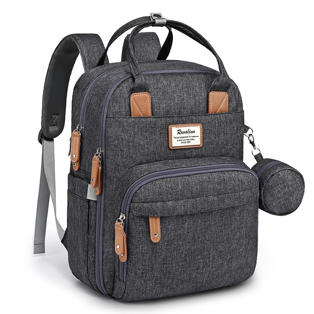 RUVALINO diaper bag backpack front view showing roomy layout for travel-ready baby supplies.