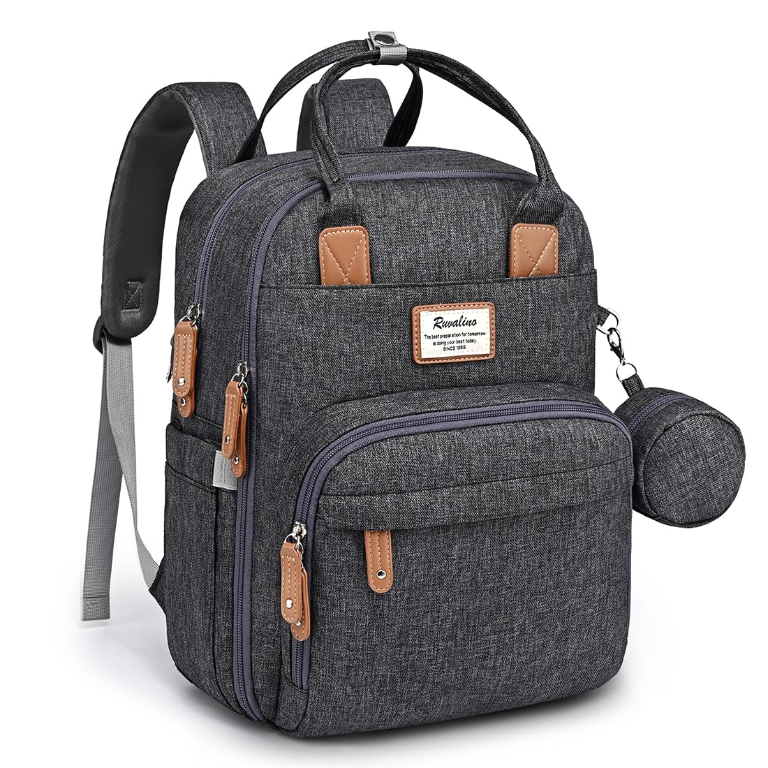 RUVALINO diaper bag backpack front view showing roomy layout for travel-ready baby supplies.