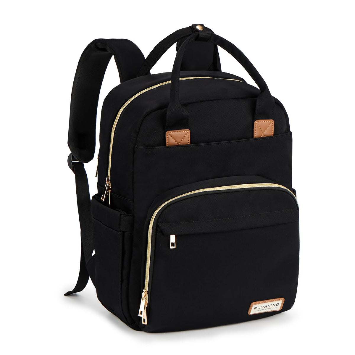 RUVALINO diaper bag backpack front view shows spacious pockets for baby essentials.