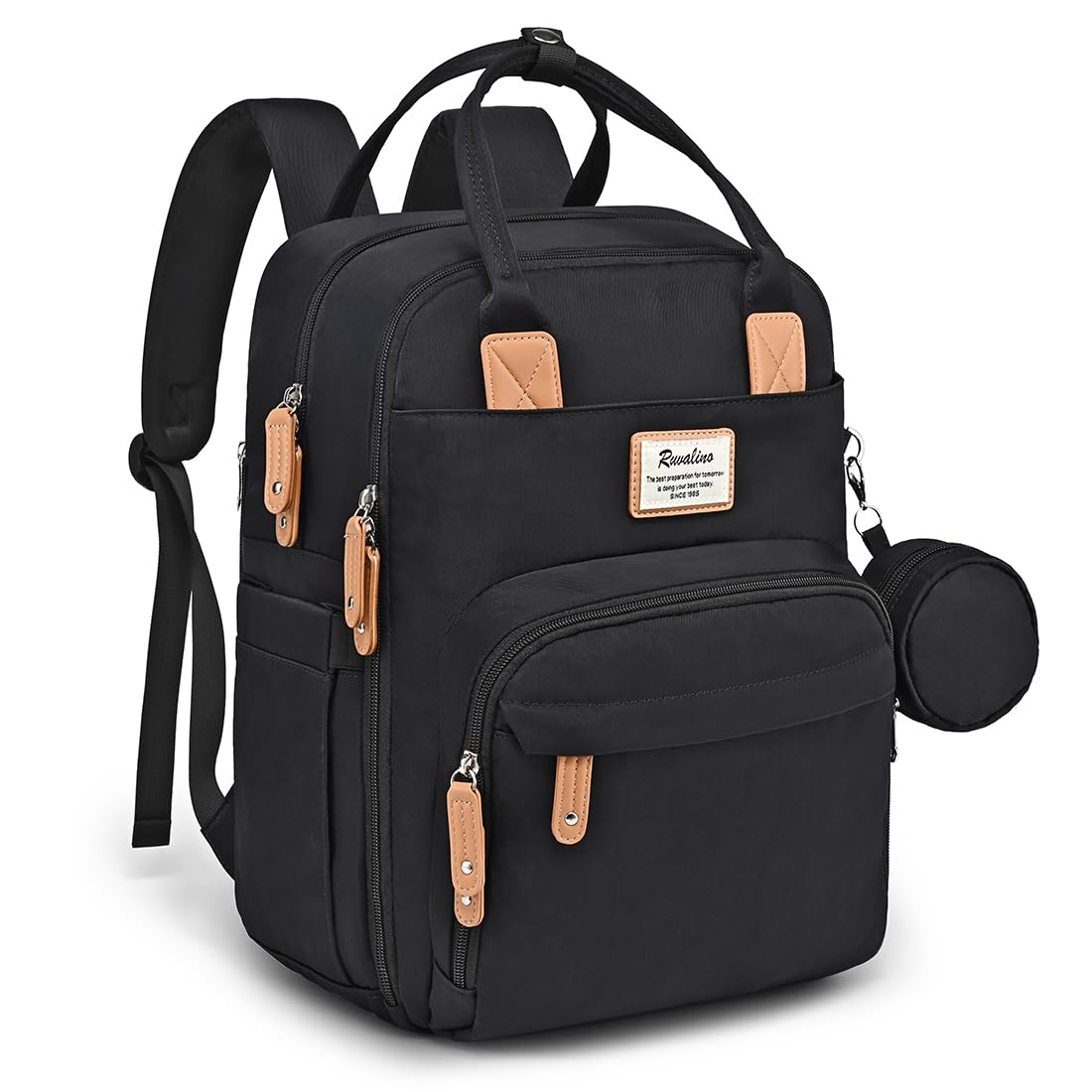 RUVALINO diaper bag backpack front view reveals organized pockets for quick on-the-go access
