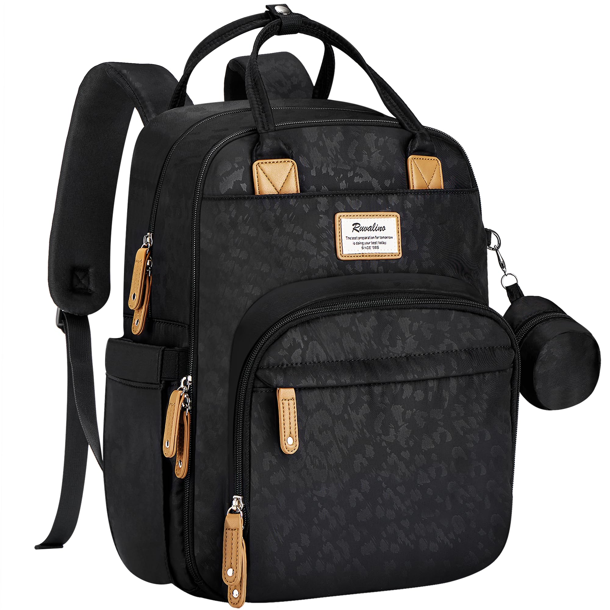 RUVALINO diaper bag backpack front view shows stylish leopard print for everyday parenting.