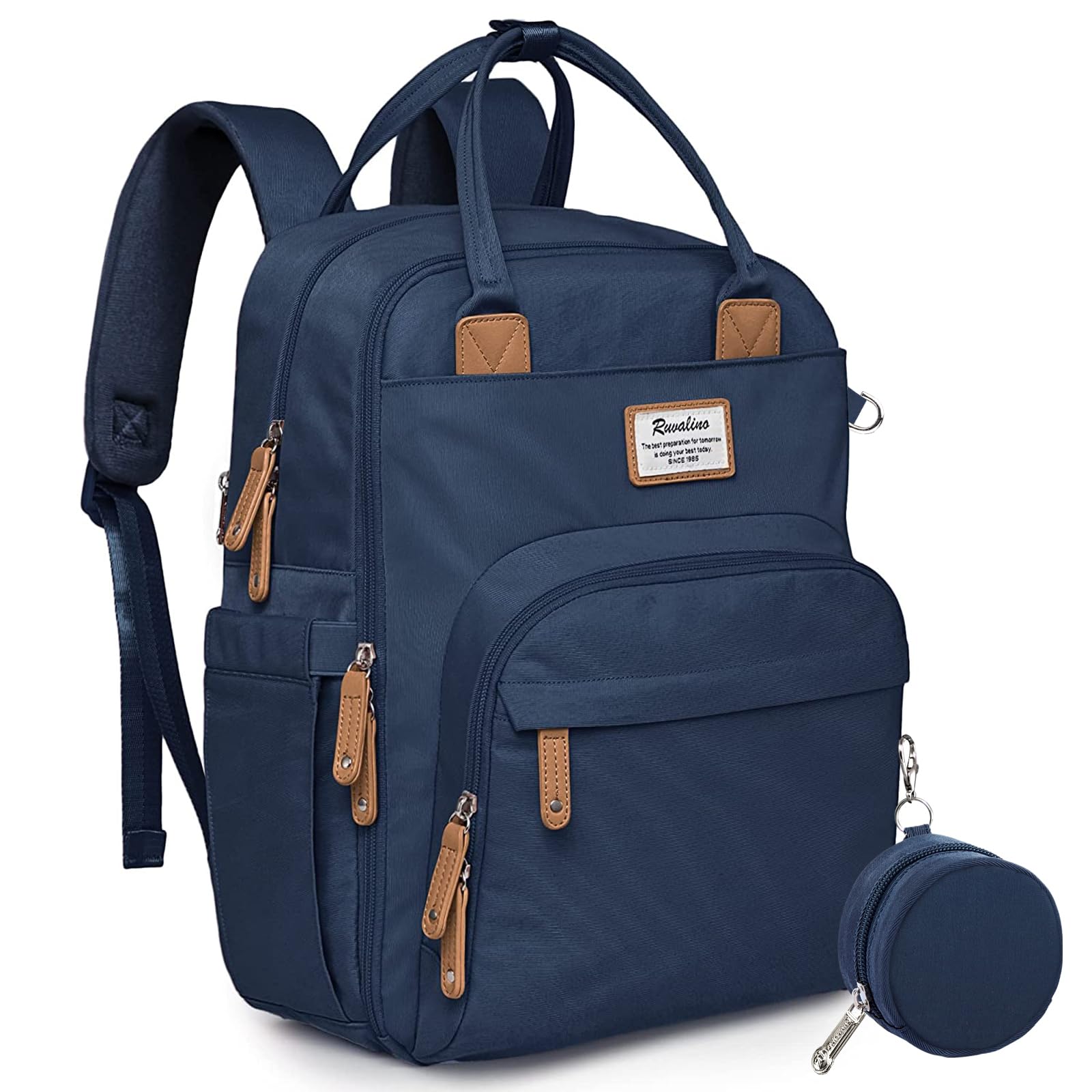 RUVALINO diaper bag backpack front view shows quick-access pockets for parents on the go.