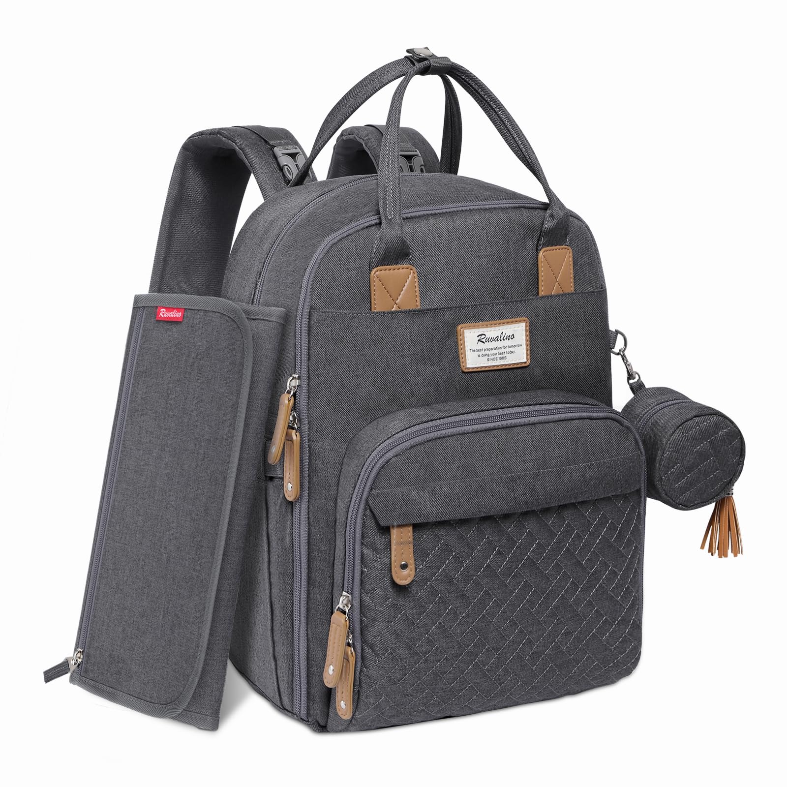 RUVALINO diaper bag backpack front view highlights large capacity for on-the-go essentials.